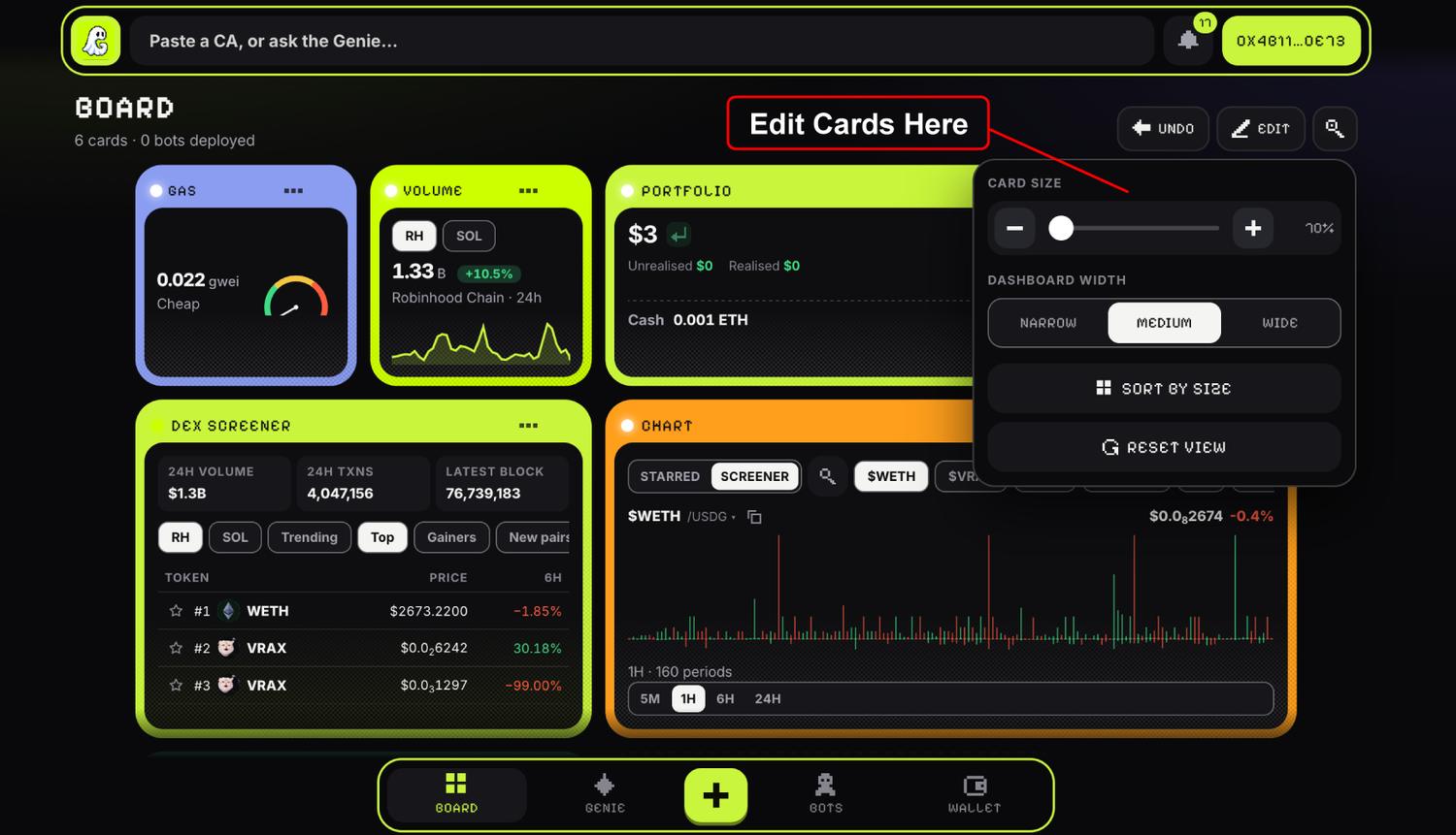 The board in edit mode, with the card size and dashboard width panel open