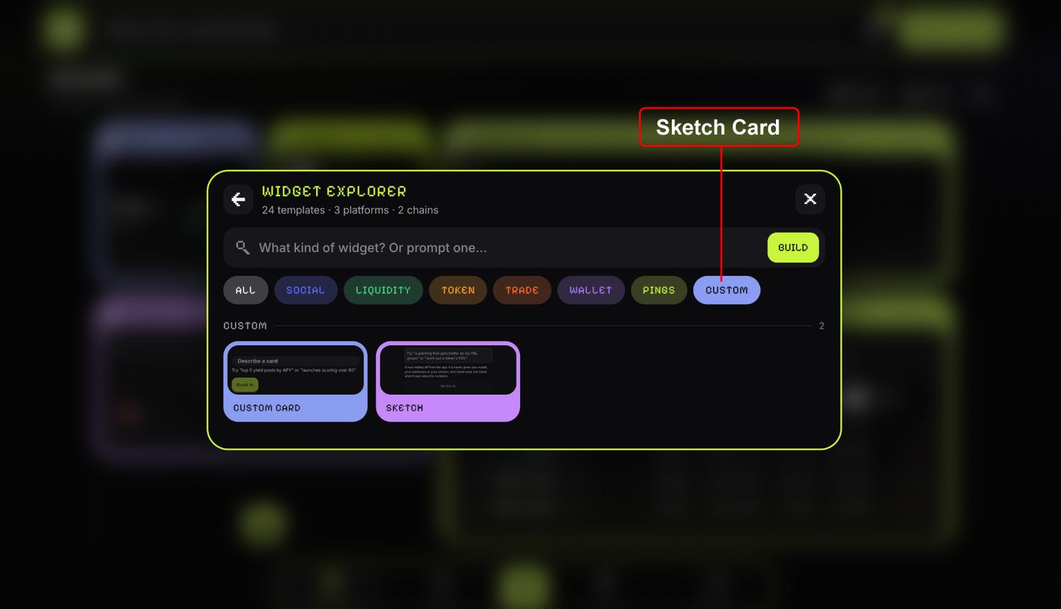 The widget explorer with the Custom category selected