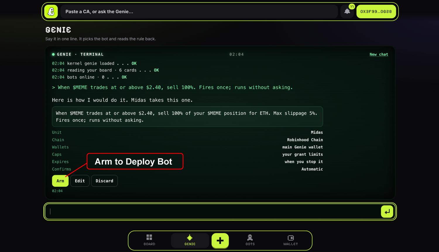 The Genie terminal showing a rule read back, with Arm, Edit and Discard